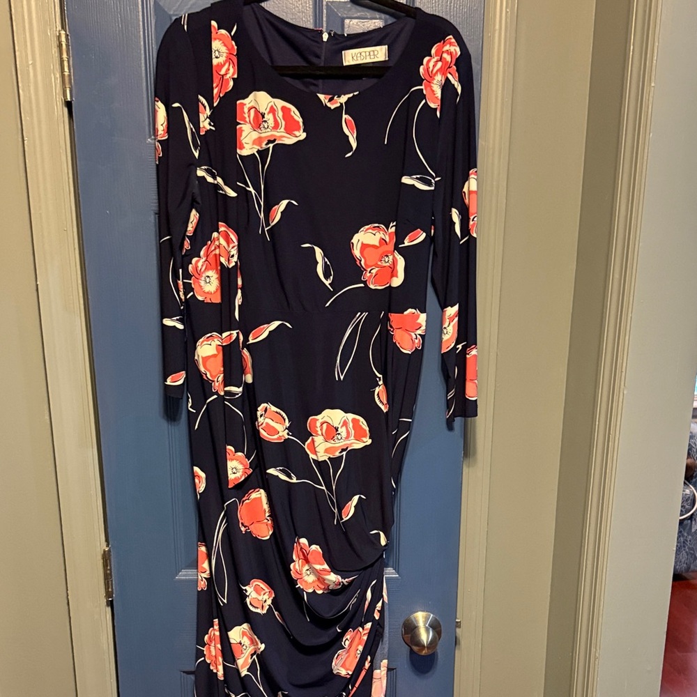 Kasper Navy Dress with Red Floral Print